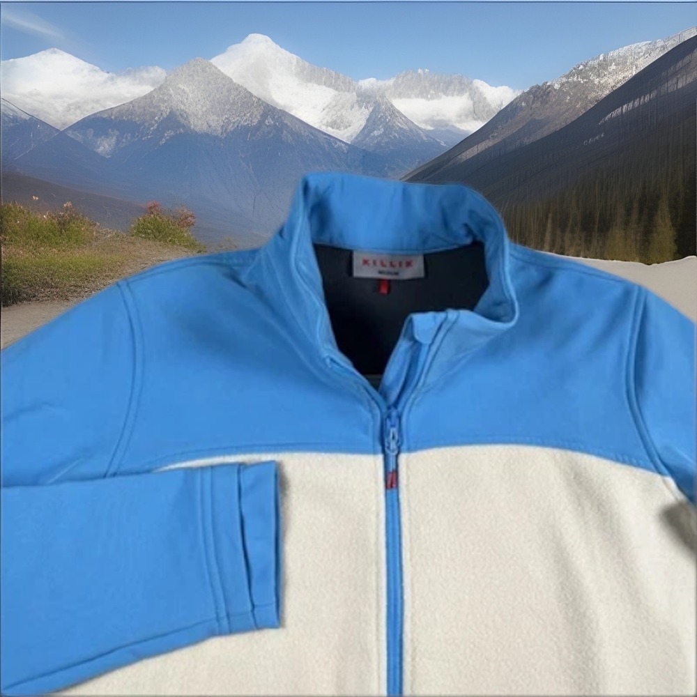 Killik Cream Blue Full Zip Fleece Jacket Women M Grid Fleece Lined Pockets EUC
